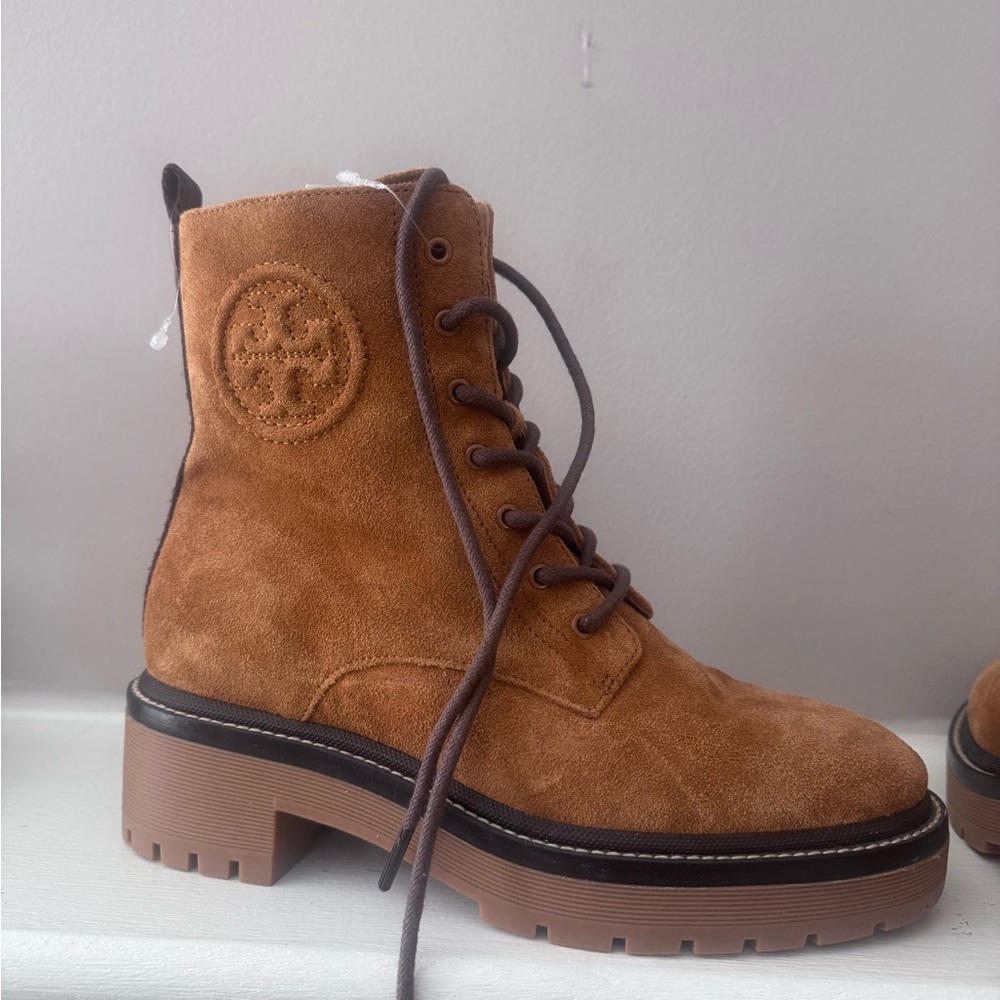 New Tory Burch Tan Suede Ankle Booties s5.5M miller embossed suede combat boots - Picture 11 of 14